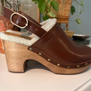 Sezane Taylor Brown Leather Lined Wood Platform Heeled Clog- Size 39 FR